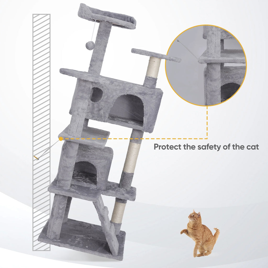 55-In H Cat Tree & Condo Scratching Post Tower, Light Gray