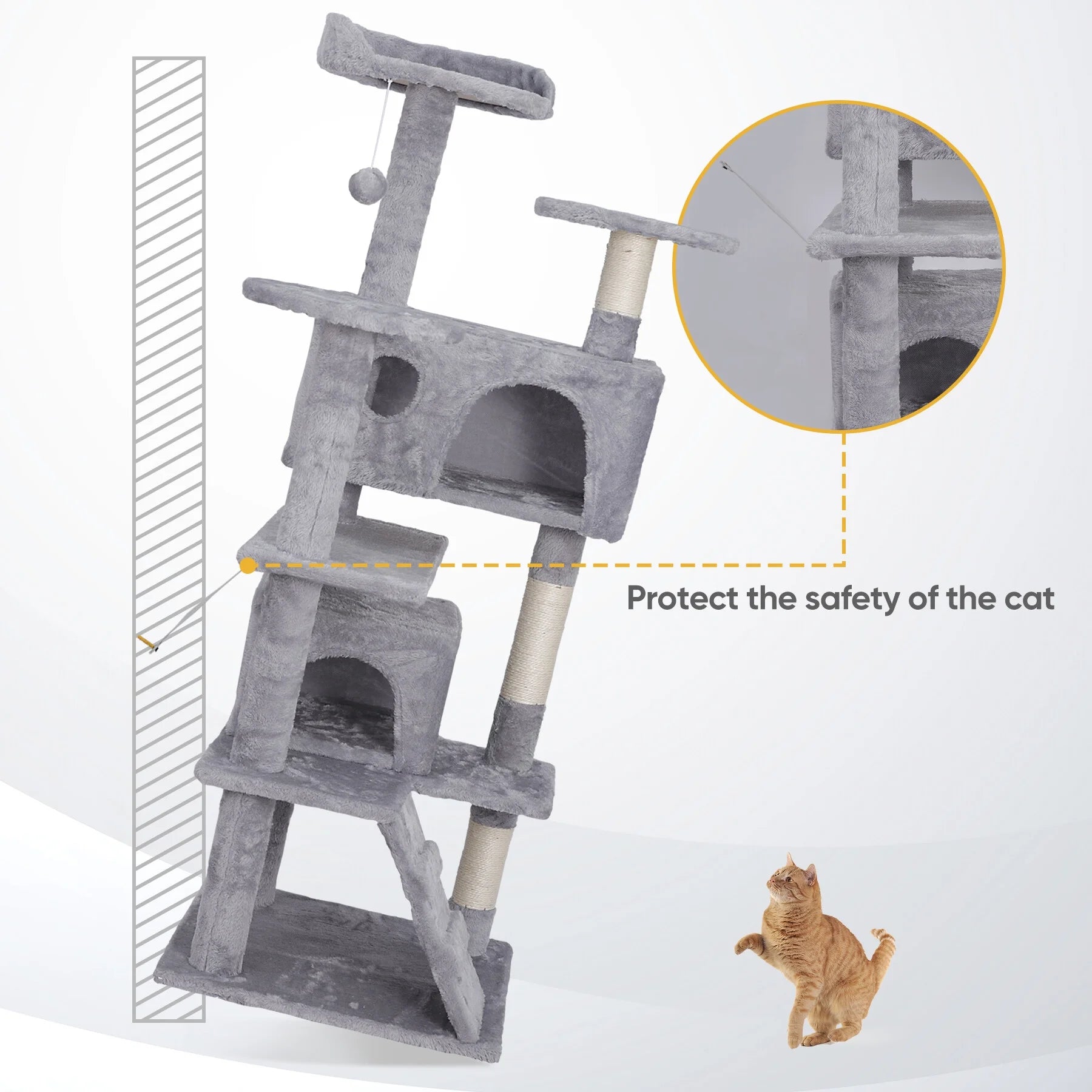 55-In H Cat Tree & Condo Scratching Post Tower, Light Gray