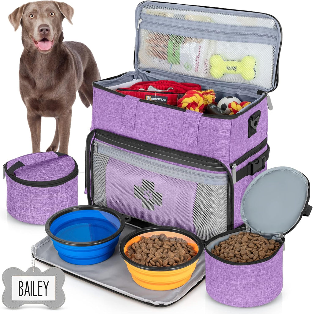Dog Travel Bag Airline Approved Travel Set for Dog and Cat Tote Organizer with Multi Function Pockets, 2 Food Containers and Collapsible Bowls, Weekend Away Dog Bag for Travel Accessories - Purple