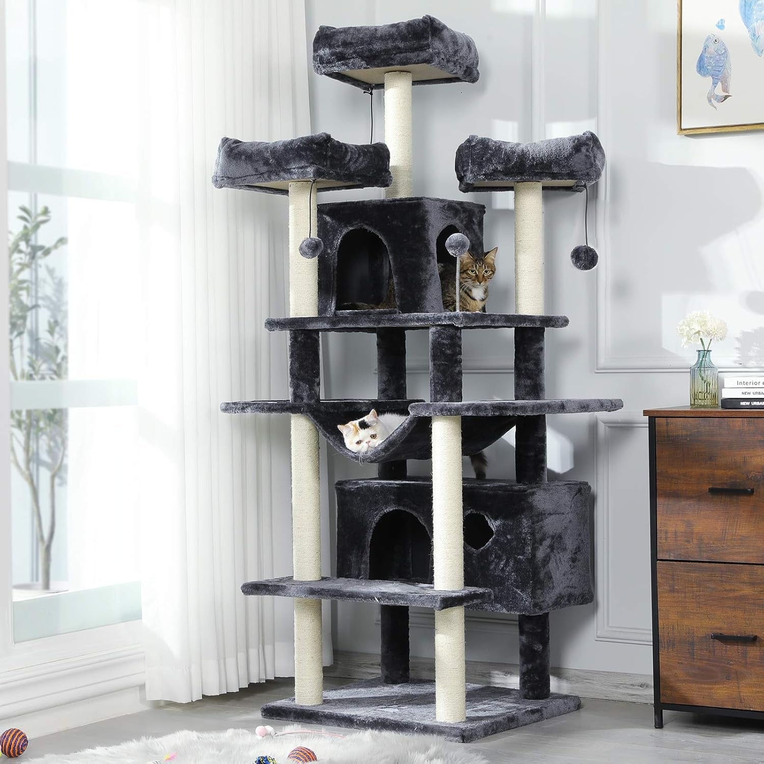 67" Large Cat Tree, Multi-Level Cat Tower with 3 Top Perches, 2 High Plush Condos, Scratching Posts, Stable Activity Center with Pedals/Hammock/Spring Ball for Kitten/Big Cat (Smoke Grey 1)
