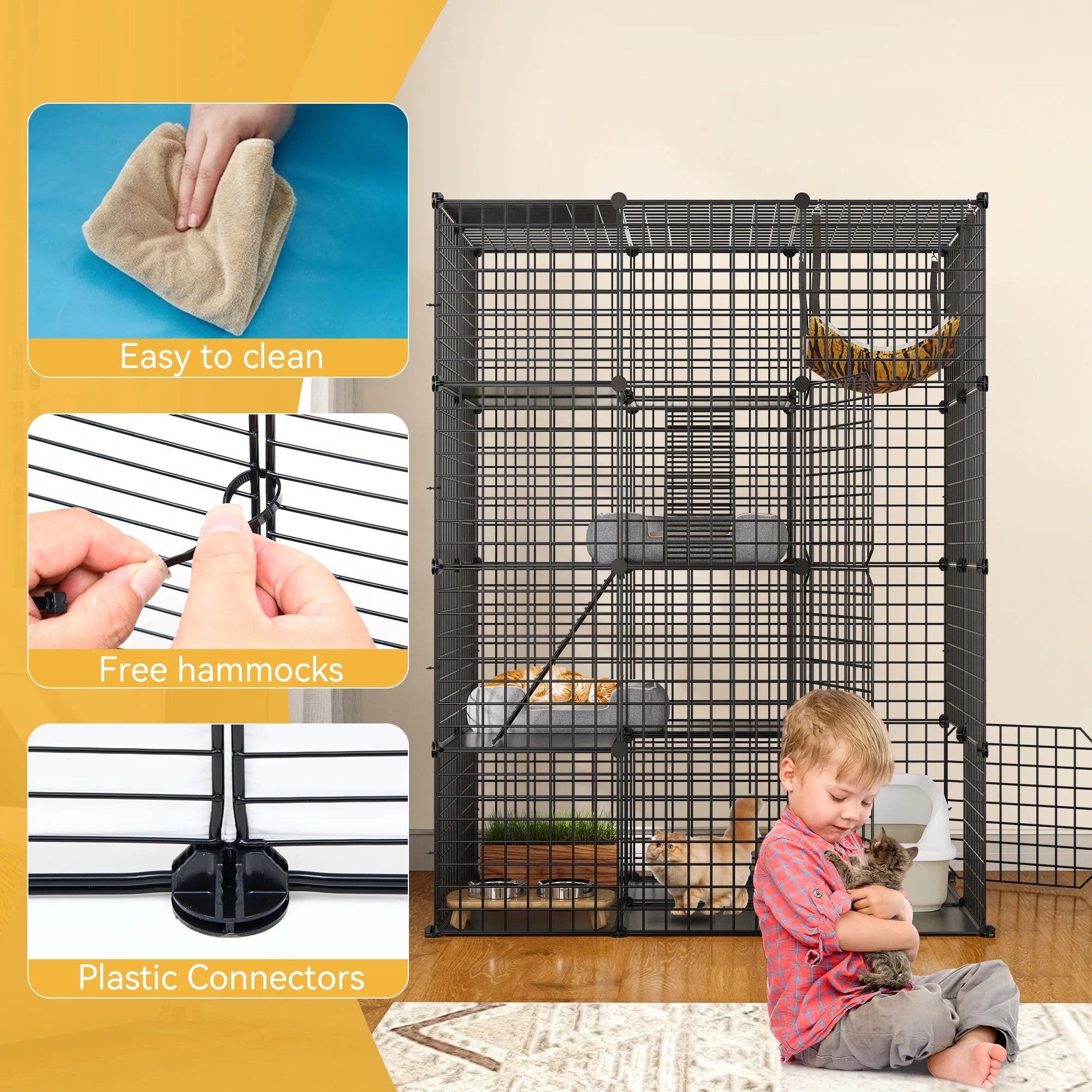 4-Tier Indoor Cat Cage, Cat Enclosure with Hammock, Large Metal Wire Cat Kennel DIY Cat Playpen Perfect for Multi-Cat Homes