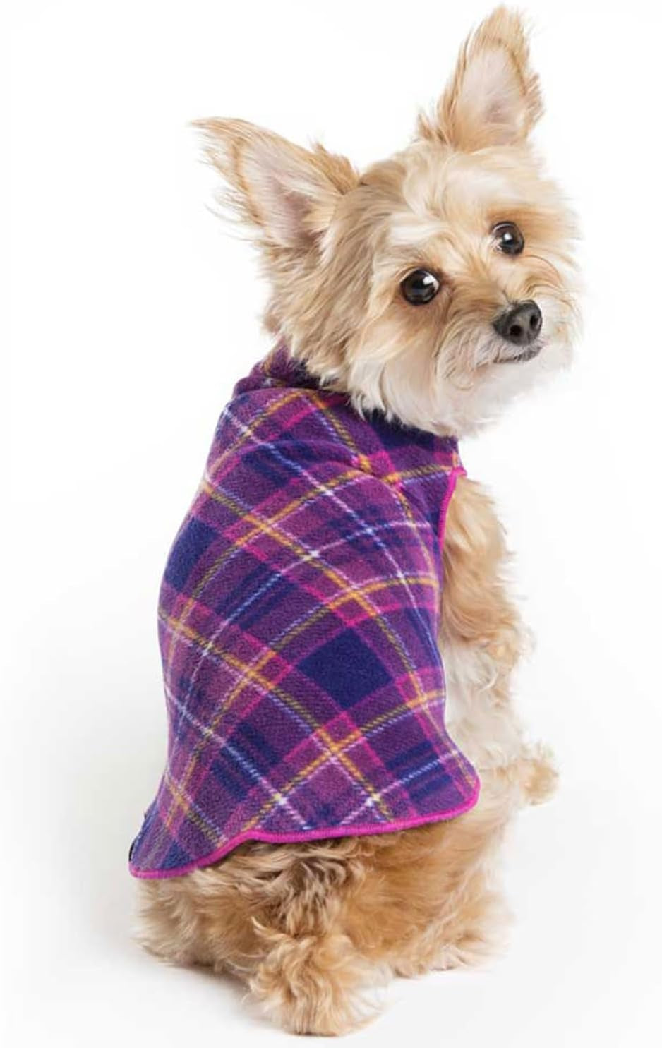 Goldpaw Stretchy Fleece Jacket for Small Dogs - Super Soft, Warm Dog Sweater - Pet Sweater Vest for Fall and Winter - Canine Clothes Made in the USA - Machine Washable - Mulberry Plaid - Size 12