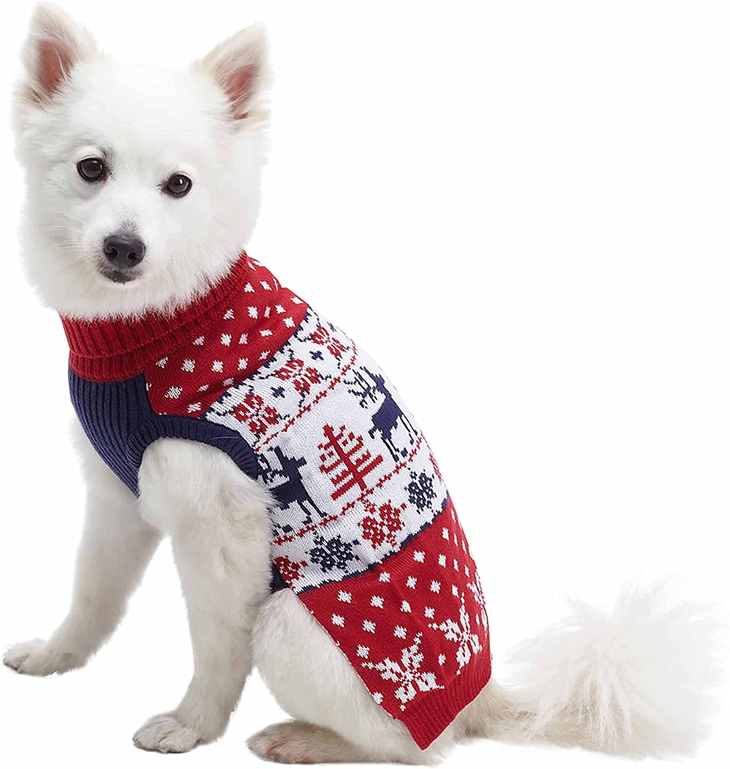 Ugly Christmas Reindeer Dog Sweater for Large Dogs, Turtleneck, Cozy Acrylic, Tango Red & Navy, Matching Family Outfits, Ugly Sweater for Women & Men, Dog Clothes