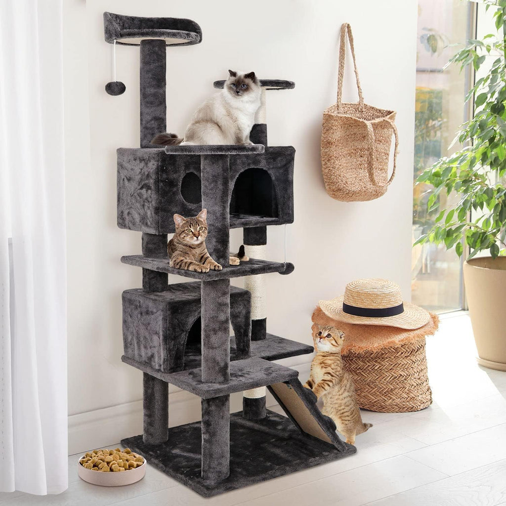 54 Inch Cat Tree, Indoor Cat Tower Condo, Multi-Level Cat House with Sisal-Covered Scratching Post + 2 Play House, Pet Cat Furniture, Grey