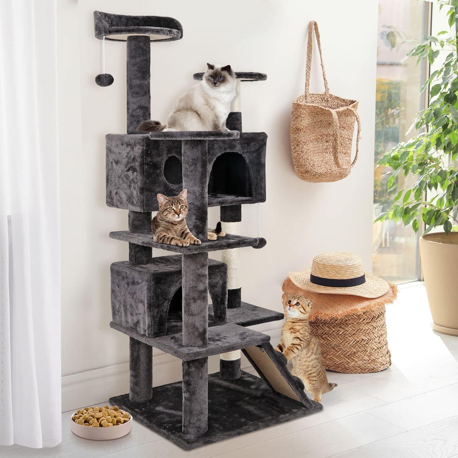 54 Inch Cat Tree, Indoor Cat Tower Condo, Multi-Level Cat House with Sisal-Covered Scratching Post + 2 Play House, Pet Cat Furniture, Grey