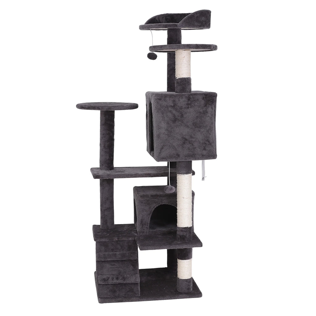 55-In Cat Tree & Condo Scratching Post Tower, Dark Gray