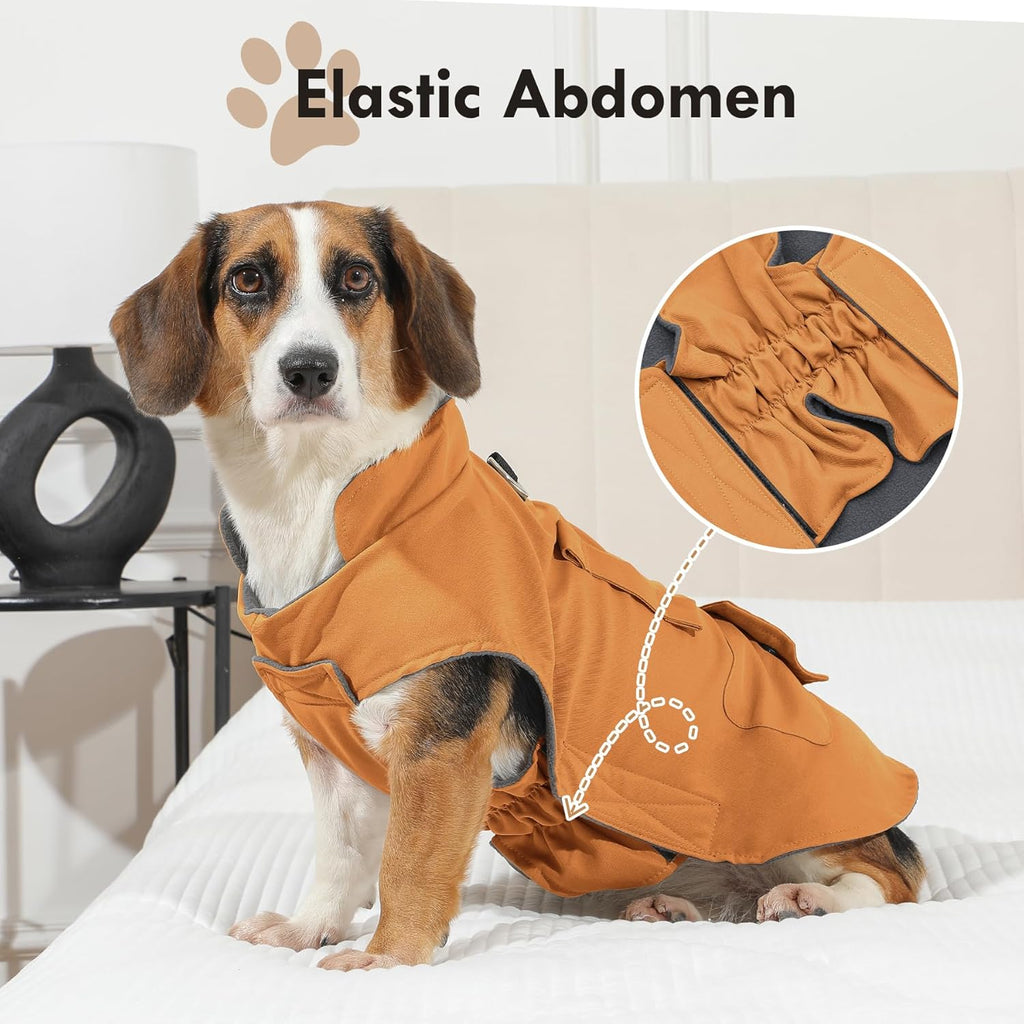 Workwear Style Dog Coats with Harness Built in for Small Dogs Windproof Warm Puppy Jacket with Storage Pockets for Cold Winter,Brightbeige M