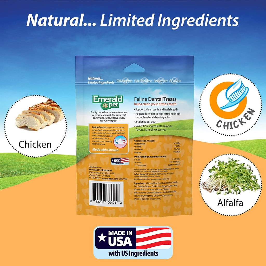 Feline Dental Treats — Tasty and Crunchy Cat Dental Treats Grain Free — Natural Dental Treats to Clean Cat Teeth, Freshen Cat Breath, and Reduce Plaque and Tartar Buildup — Chicken Treats, 3 Oz