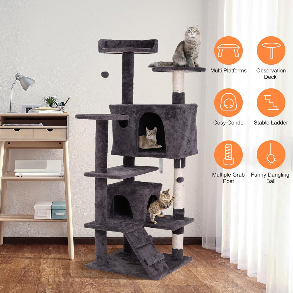 54 Inch Cat Tree, Indoor Cat Tower Condo, Multi-Level Cat House with Sisal-Covered Scratching Post + 2 Play House, Pet Cat Furniture, Grey