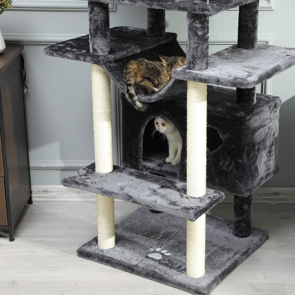 67" Large Cat Tree, Multi-Level Cat Tower with 3 Top Perches, 2 High Plush Condos, Scratching Posts, Stable Activity Center with Pedals/Hammock/Spring Ball for Kitten/Big Cat (Smoke Grey 1)