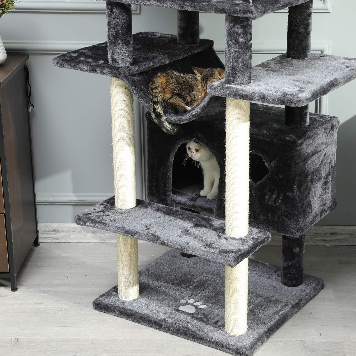 67" Large Cat Tree, Multi-Level Cat Tower with 3 Top Perches, 2 High Plush Condos, Scratching Posts, Stable Activity Center with Pedals/Hammock/Spring Ball for Kitten/Big Cat (Smoke Grey 1)