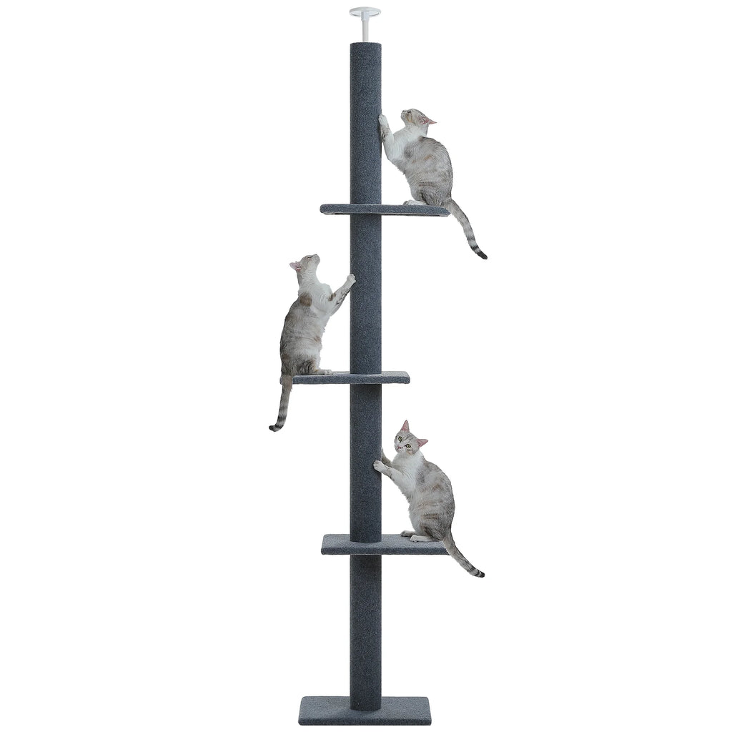 90-107" Floor to Ceiling Cat Tree Tower 4 Tier Tall Cat Climbing Posts Adjustable, Gray