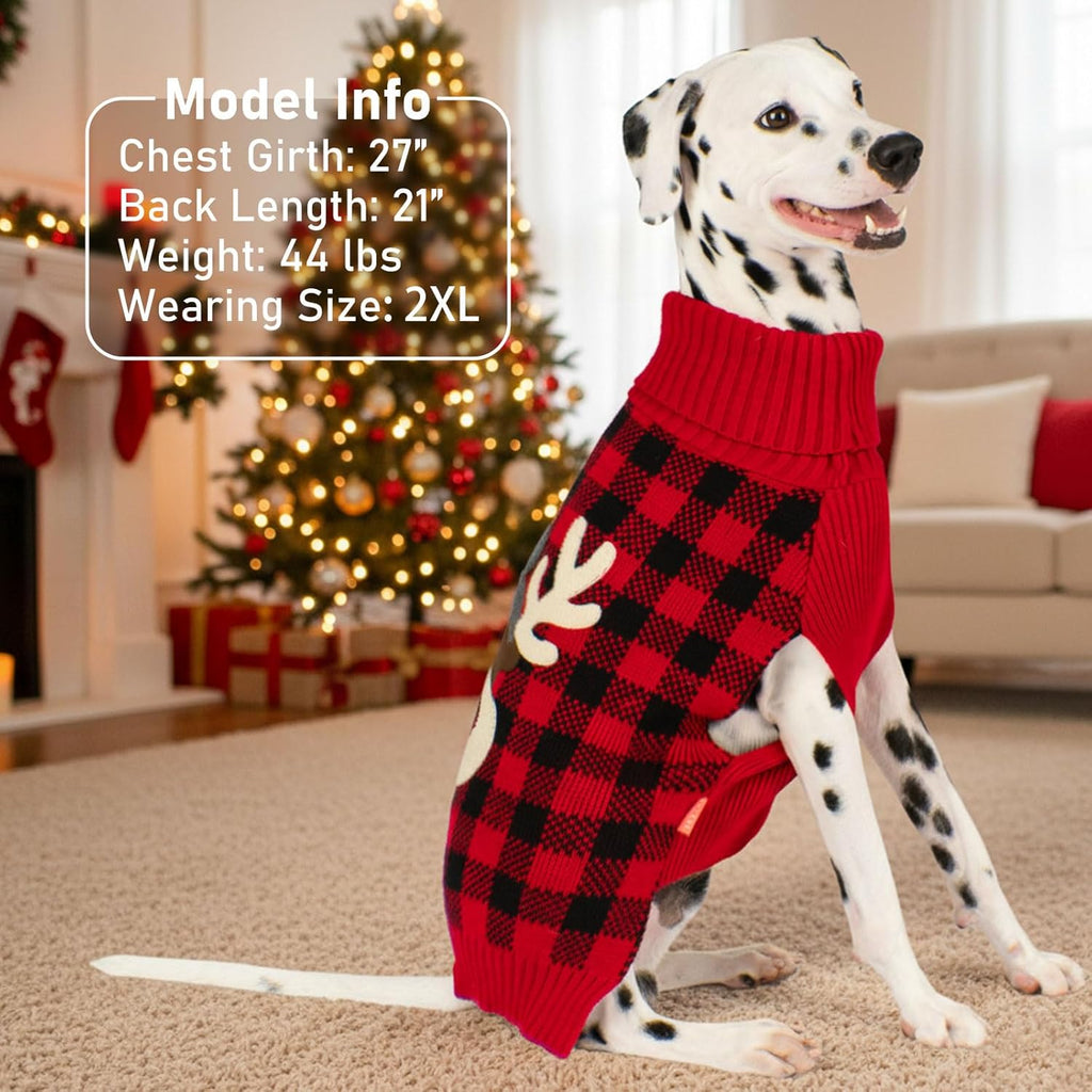Dog Christmas Sweater with Reindeer Pattern Cozy Winter Outfit Boy Girl Red Buffalo Plaid Knitwear Turtleneck Dog Sweater for Small Dogs with Leash Hole Soft Warm Pet Clothes, Small