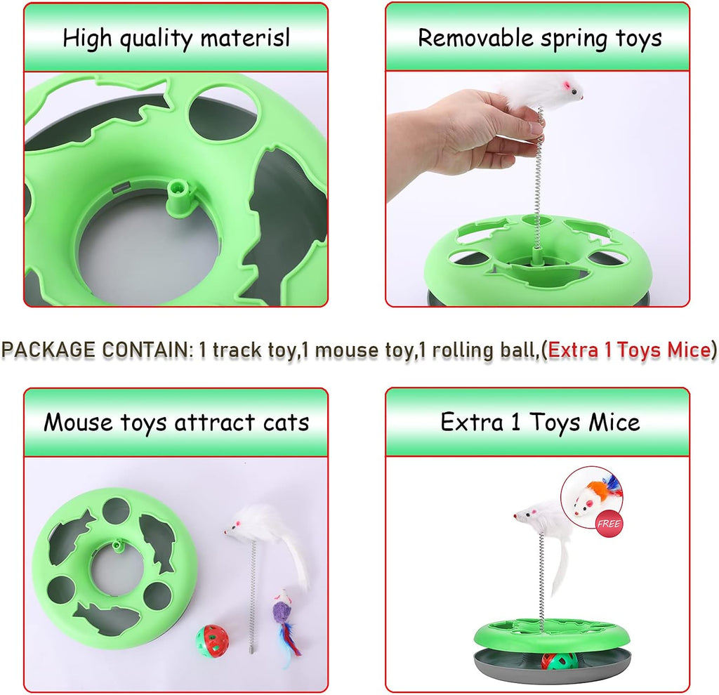 Cat Toys, Interactive Cat Toys for Indoor Cats, Kitten Toys Tracks with Catnip, Spring Pet Toy with Roller Balls Teaser Mouse (Green)