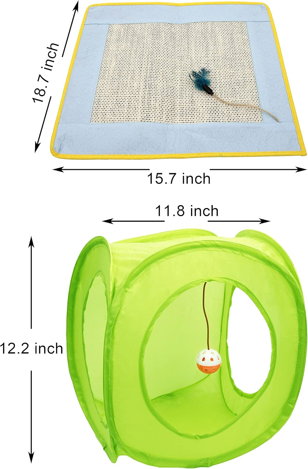 18 Cat Toys Kitten Toys Assortments, Cat Teaser Wand, Interactive Bell Toy, Sparkle Balls for Cat, Puppy, Kitty, Kitten (With Square Tunnel and Scratching Mat)