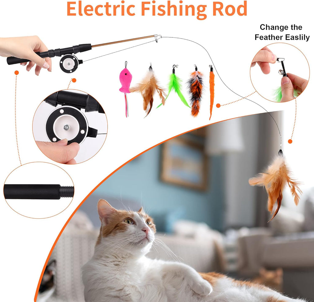 Cat Toy with Moving Fish and Sea Pole (Orange) Realistic Moving Fish Flopping Interactive Wiggle Moving Cat Kicker Fish Toy with Plush Interactive Cat Toys, Fun Toy for Cat Exercise