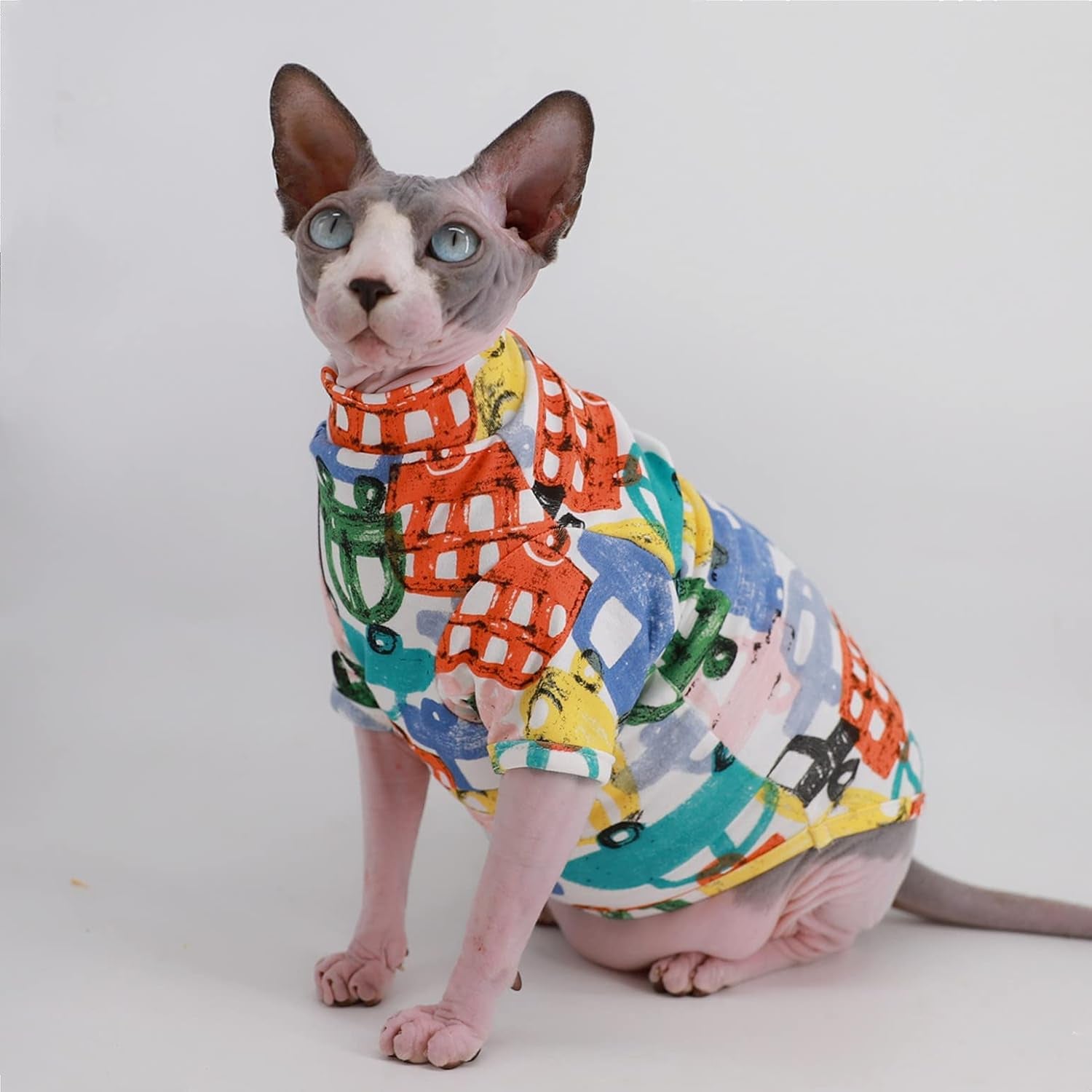Sphynx Cat Clothes Breathable Summer Cotton T-Shirts for Cat Pajamas for Cats and Small Dogs Apparel, Hairless Cat T-Shirts (Small (Pack of 1), Color Car)
