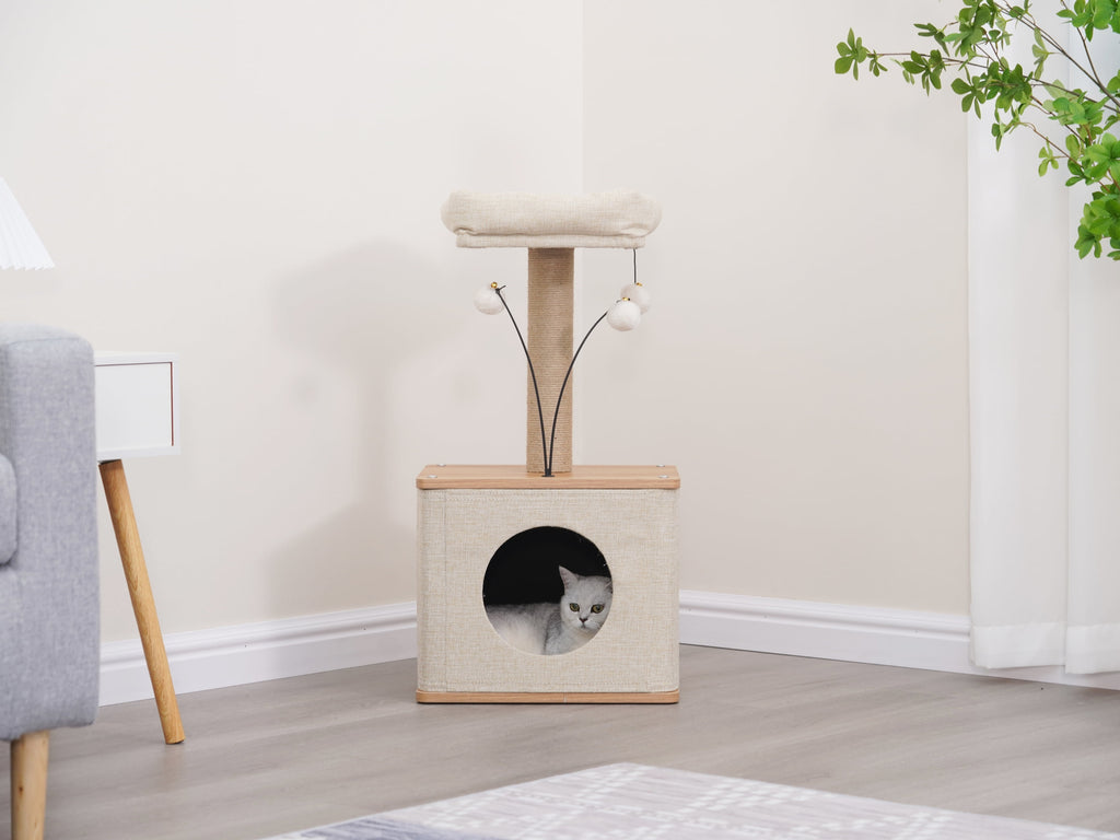 3-Level 30" Minimalist Cat Tree with Large Condo and Perch, 3 Toys, Beige