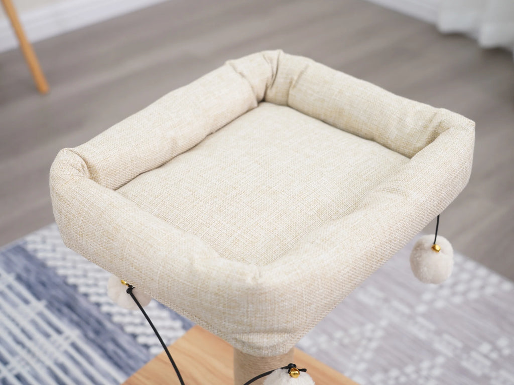 3-Level 30" Minimalist Cat Tree with Large Condo and Perch, 3 Toys, Beige