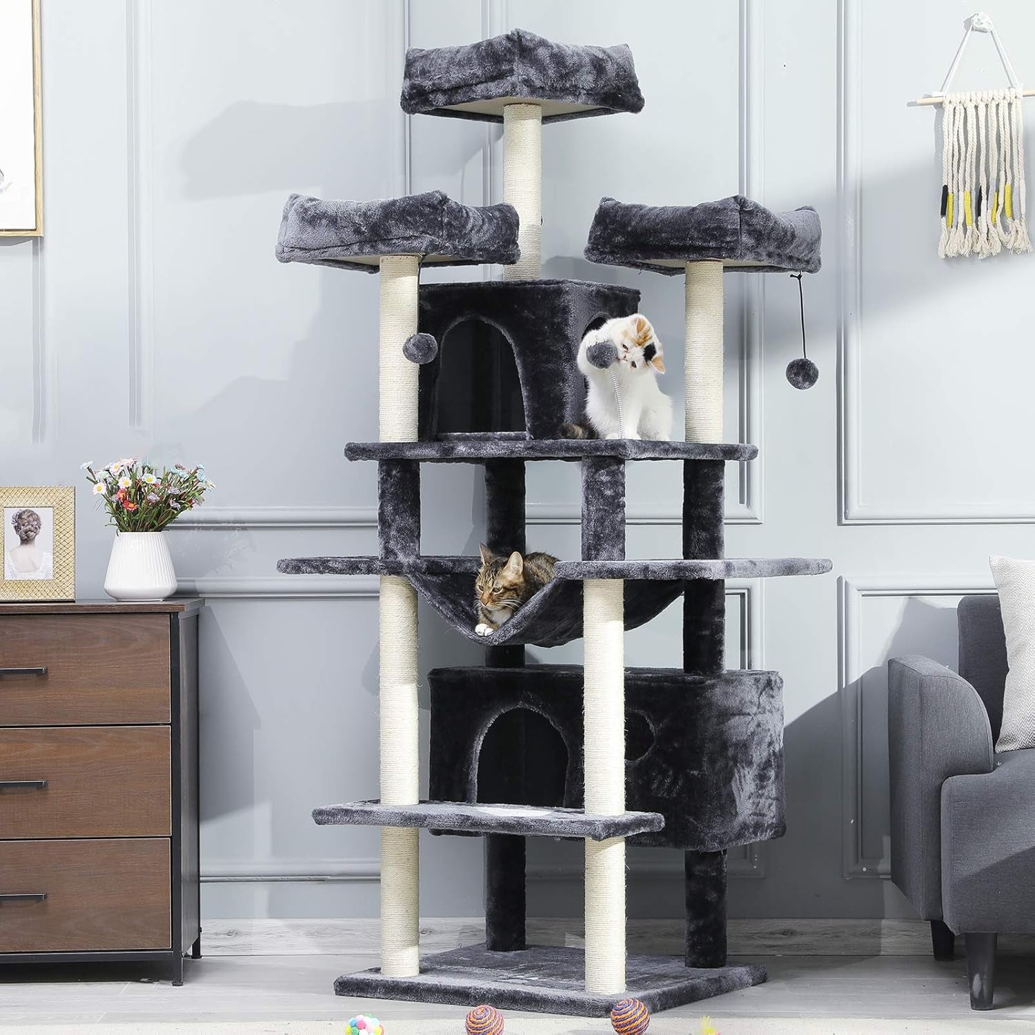 67" Large Cat Tree, Multi-Level Cat Tower with 3 Top Perches, 2 High Plush Condos, Scratching Posts, Stable Activity Center with Pedals/Hammock/Spring Ball for Kitten/Big Cat (Smoke Grey 1)