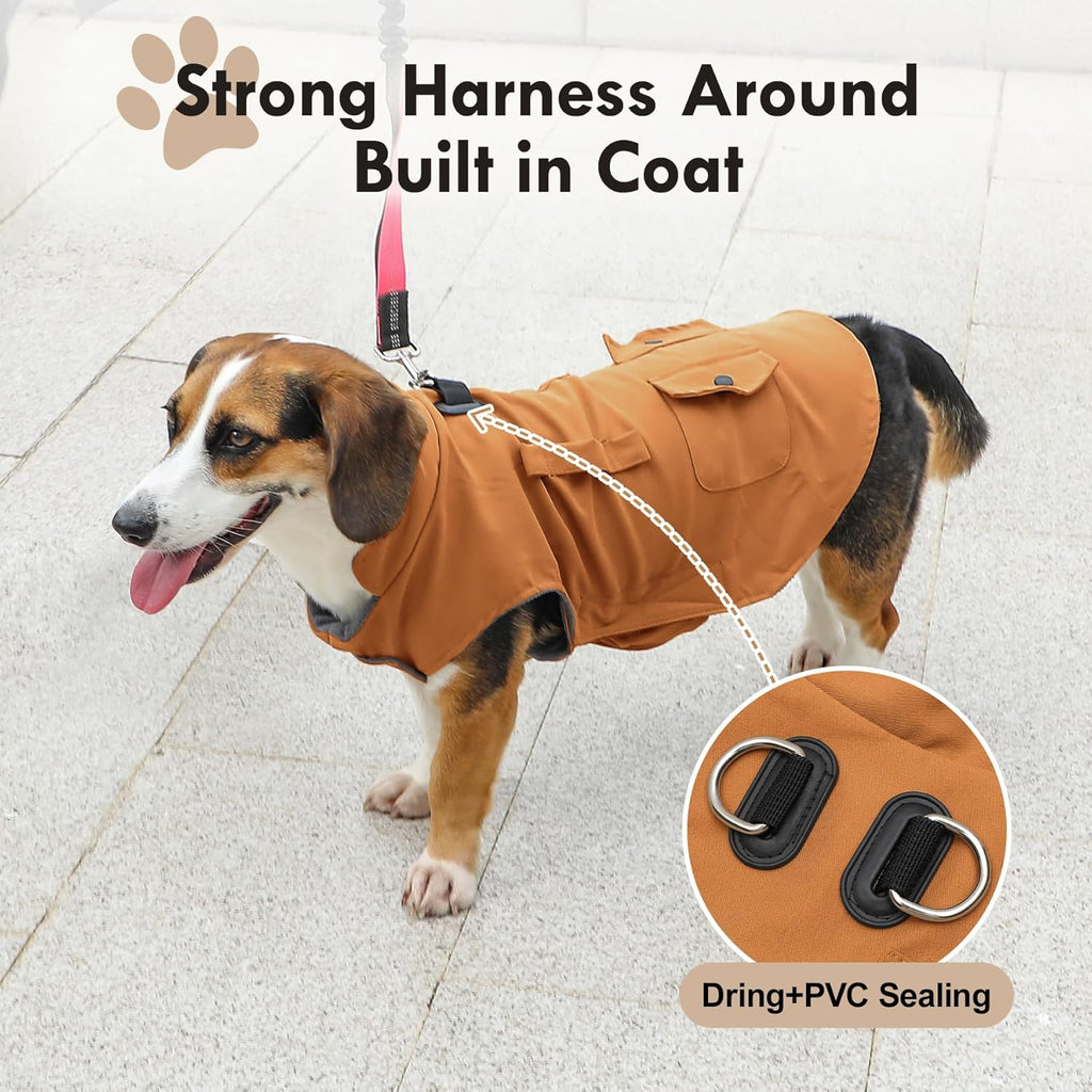 Workwear Style Dog Coats with Harness Built in for Small Dogs Windproof Warm Puppy Jacket with Storage Pockets for Cold Winter,Brightbeige M