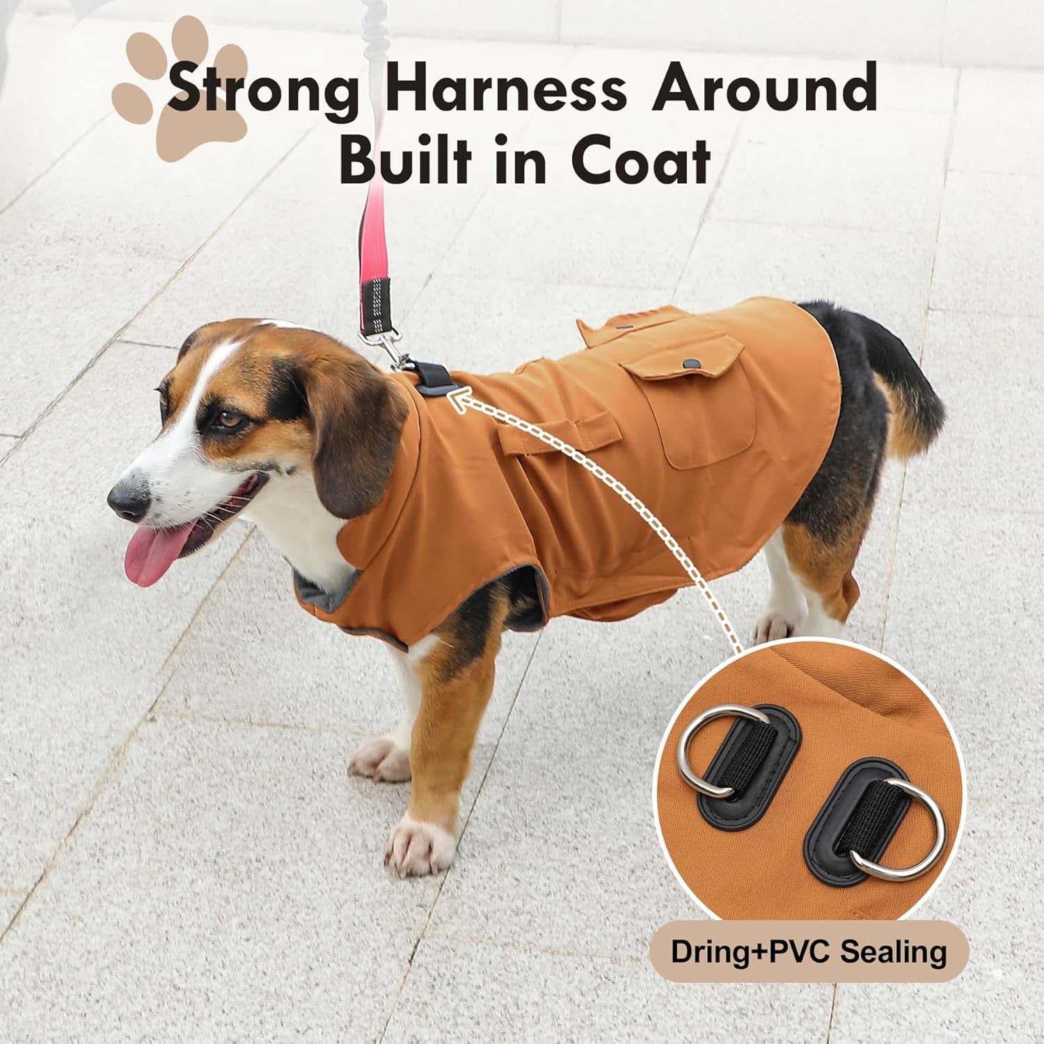 Workwear Style Dog Coats with Harness Built in for Small Dogs Windproof Warm Puppy Jacket with Storage Pockets for Cold Winter,Brightbeige M