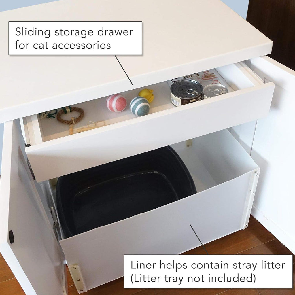 Cat Litter Box Enclosure Cabinet, Modern, White, Tulip Feet, Large, Hidden Litter Cat Furniture with Drawer