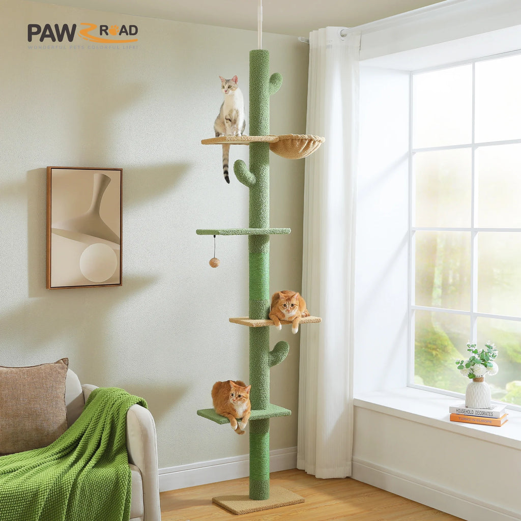 Tall Cat Tree Cactus Floor to Ceiling Cat Tower 95-108" Sisal Scratching Post for Indoor Cats