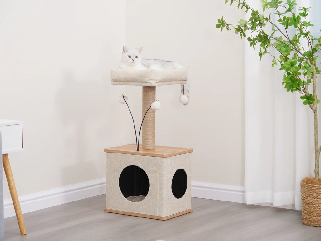 3-Level 30" Minimalist Cat Tree with Large Condo and Perch, 3 Toys, Beige