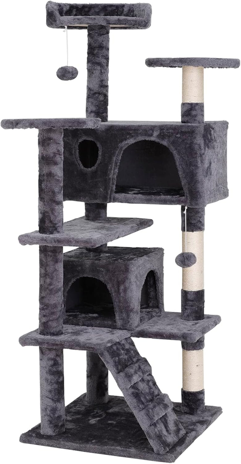 54 Inch Cat Tree, Indoor Cat Tower Condo, Multi-Level Cat House with Sisal-Covered Scratching Post + 2 Play House, Pet Cat Furniture, Grey