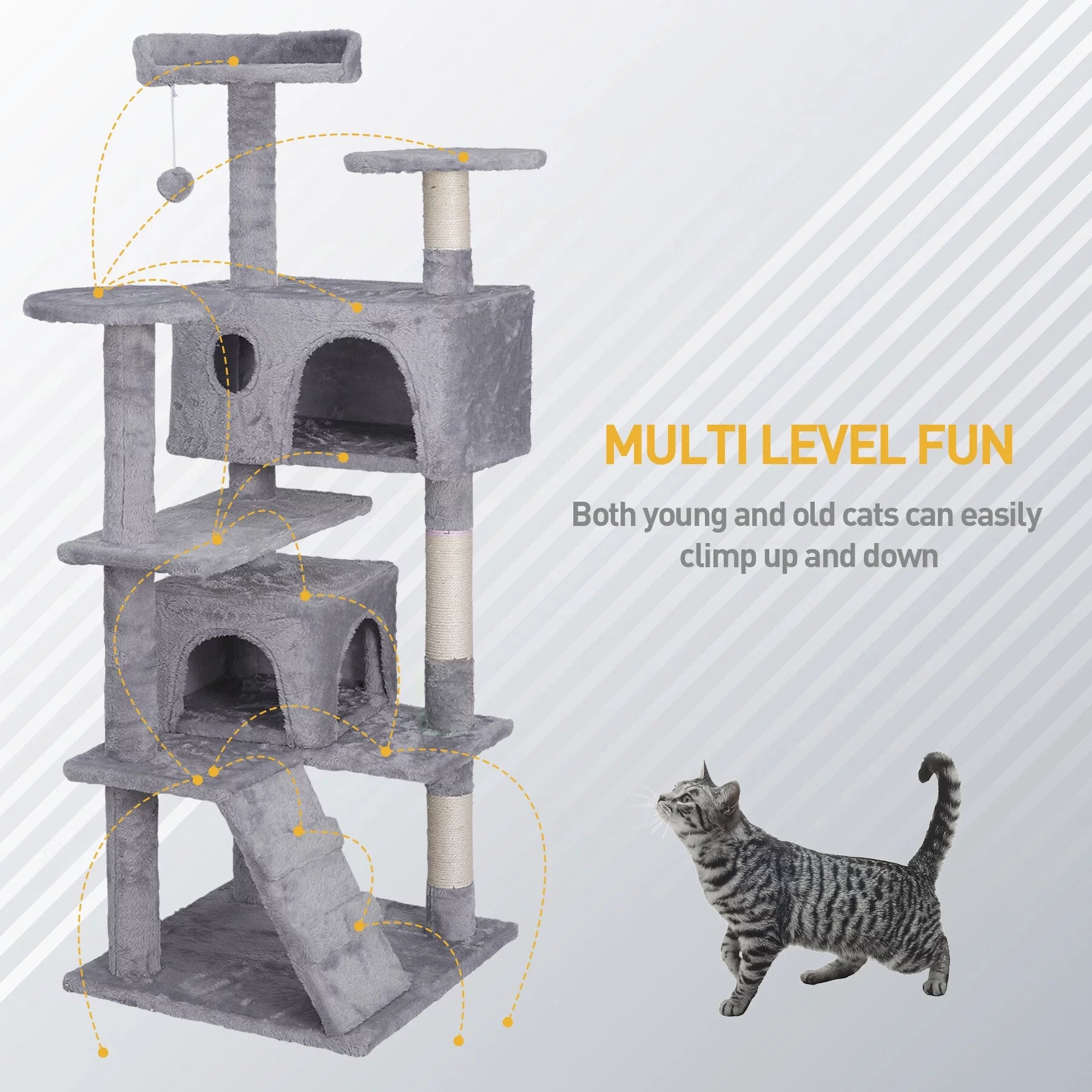 55-In H Cat Tree & Condo Scratching Post Tower, Light Gray