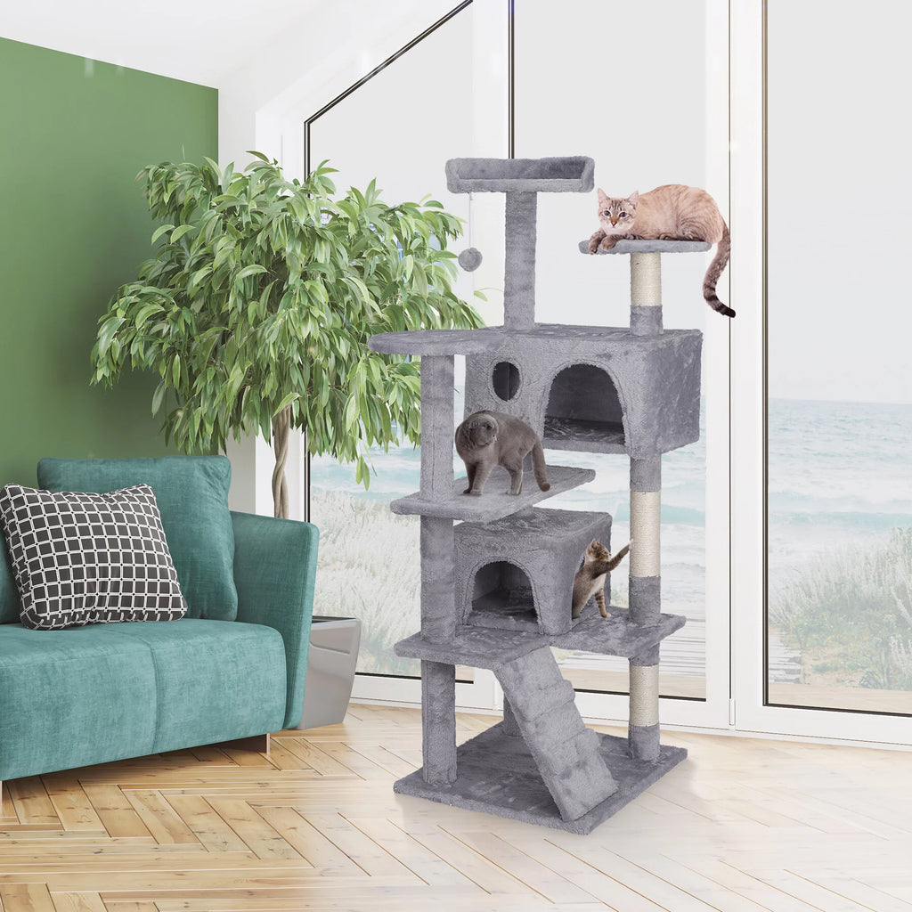 55-In H Cat Tree & Condo Scratching Post Tower, Light Gray