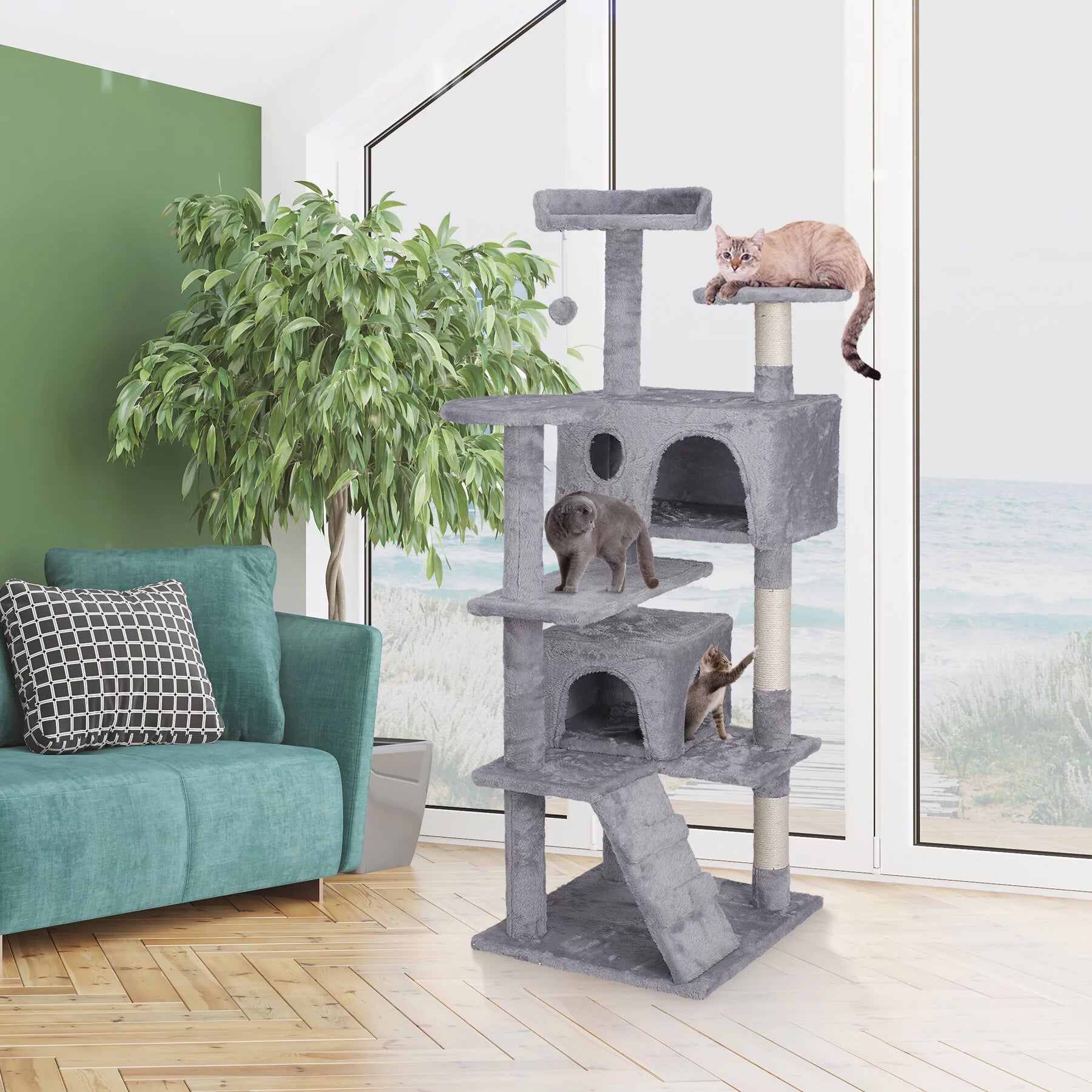 55-In H Cat Tree & Condo Scratching Post Tower, Light Gray