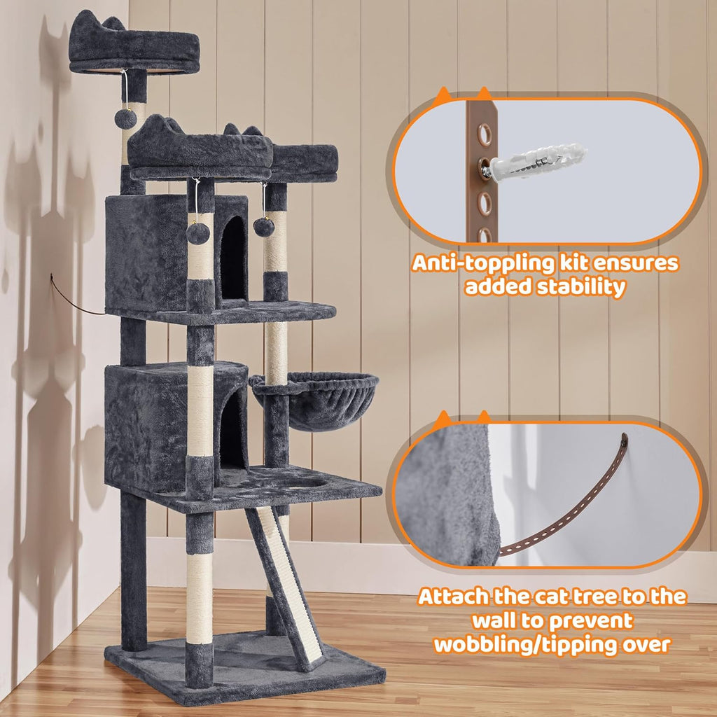 68.5In Cat Tree for Large Cats, Multi-Level Cat Tower with 3 Wide Perches, Large Condo, Stable Pet Play House W/Sisal-Covered Scratching Posts & Board, Dark Gray