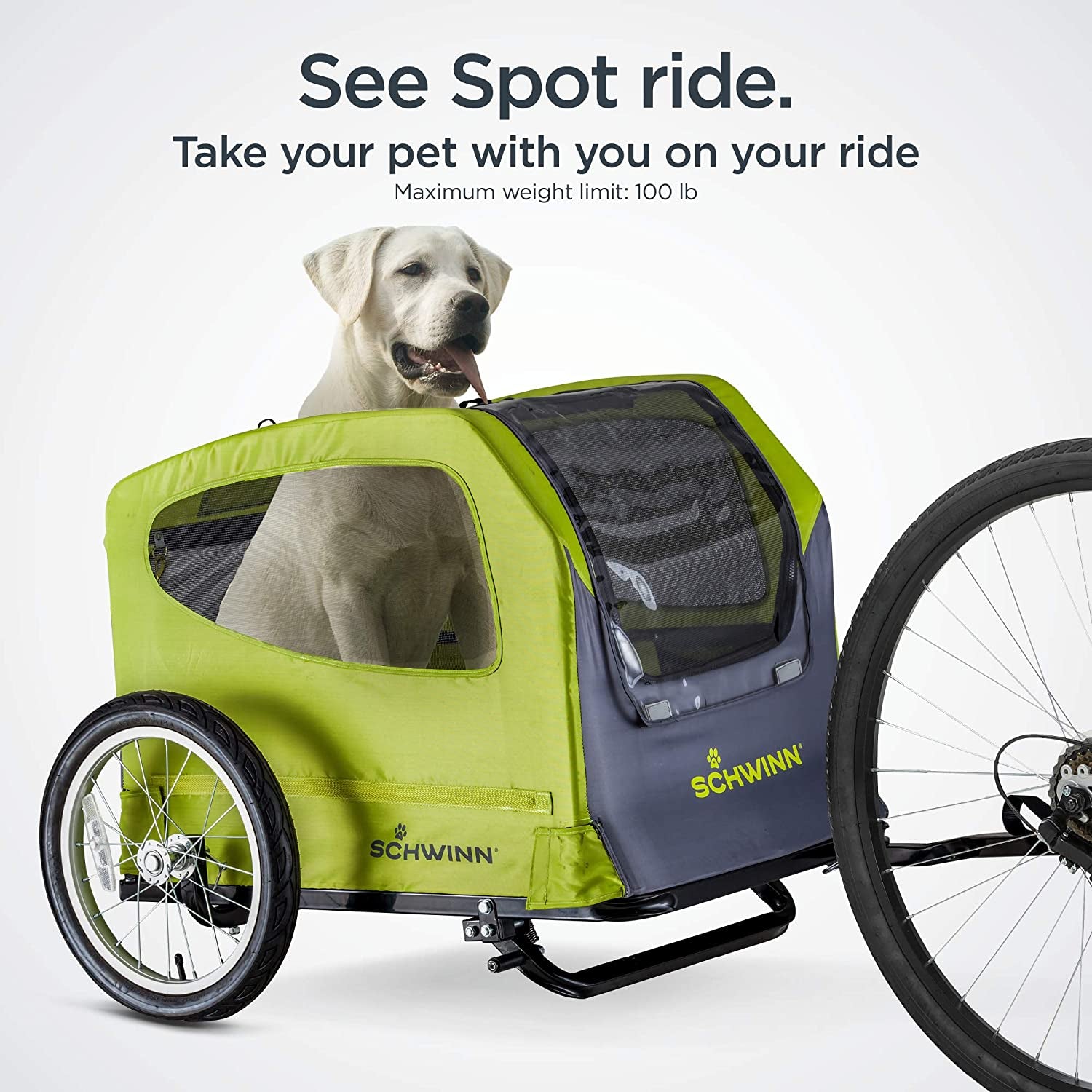 Rascal Pet Trailer, Holds Pets up to 50 or 100 Lb, Universal Coupler, Folding Frame, Quick-Release Wheels, Rear Doggy Door, Leash, Washable Liner, Bug Screen,  Bike Trailer for Pets