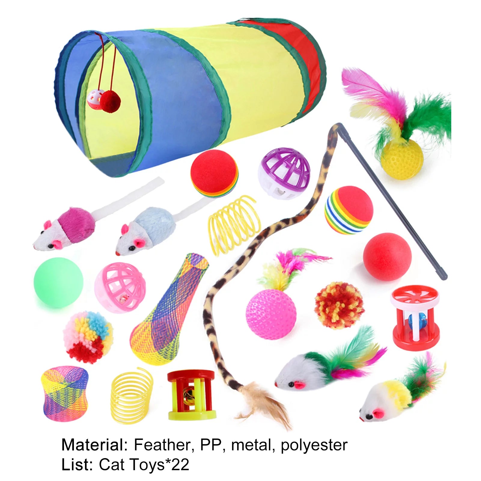 22Pcs/Set Cat Toys Tunnel Assortments, Portable Funny Feather Teaser Catnip Colorful Ball Tunnel Interactive Toys for Cat Puppy Kitty Kitten Rabbit Indoor Playing