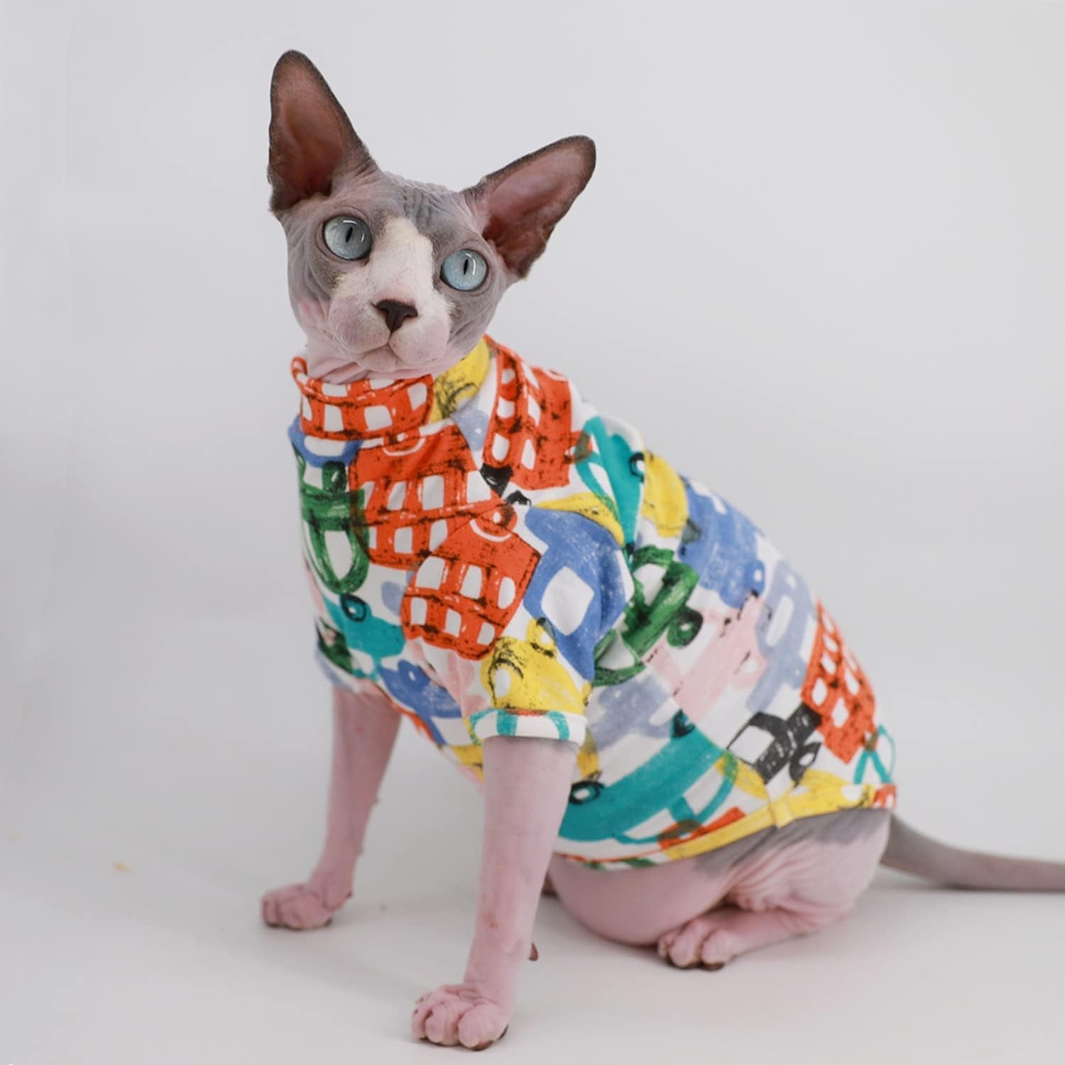 Sphynx Cat Clothes Breathable Summer Cotton T-Shirts for Cat Pajamas for Cats and Small Dogs Apparel, Hairless Cat T-Shirts (Small (Pack of 1), Color Car)