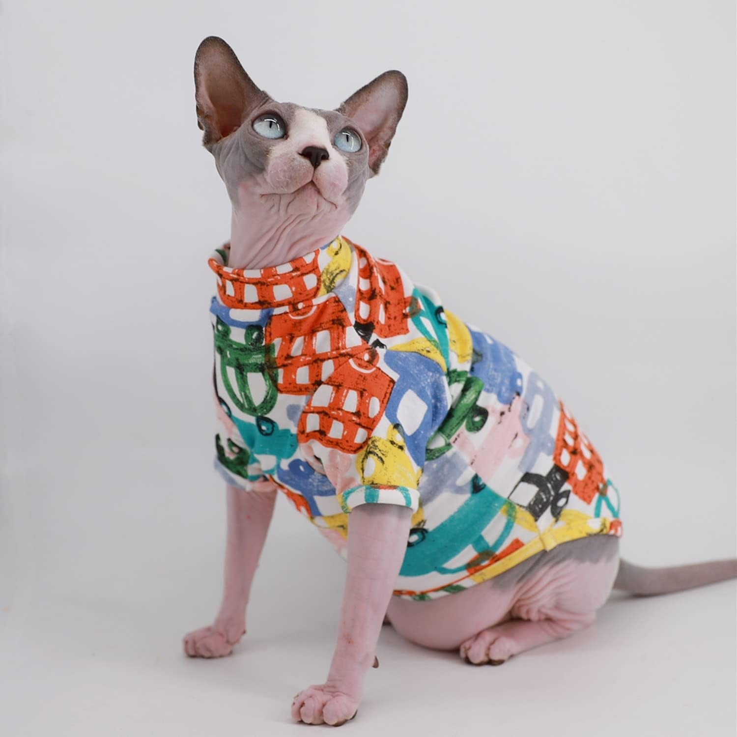 Sphynx Cat Clothes Breathable Summer Cotton T-Shirts for Cat Pajamas for Cats and Small Dogs Apparel, Hairless Cat T-Shirts (Small (Pack of 1), Color Car)