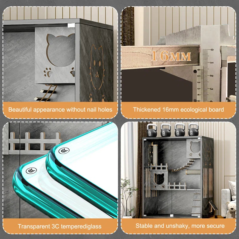 Desara Wooden Cat Villa, Large Cat Enclosure, Indoor Enclosed Cat House