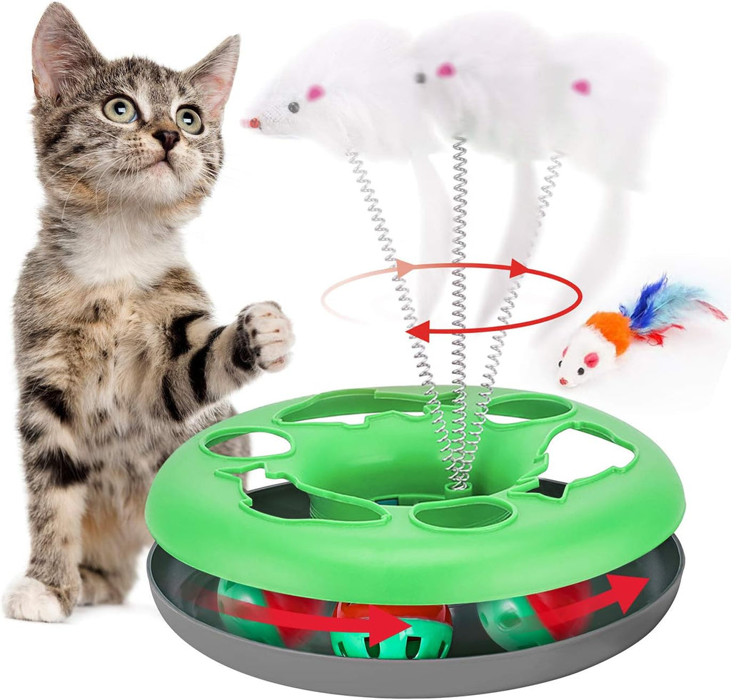Cat Toys, Interactive Cat Toys for Indoor Cats, Kitten Toys Tracks with Catnip, Spring Pet Toy with Roller Balls Teaser Mouse (Green)