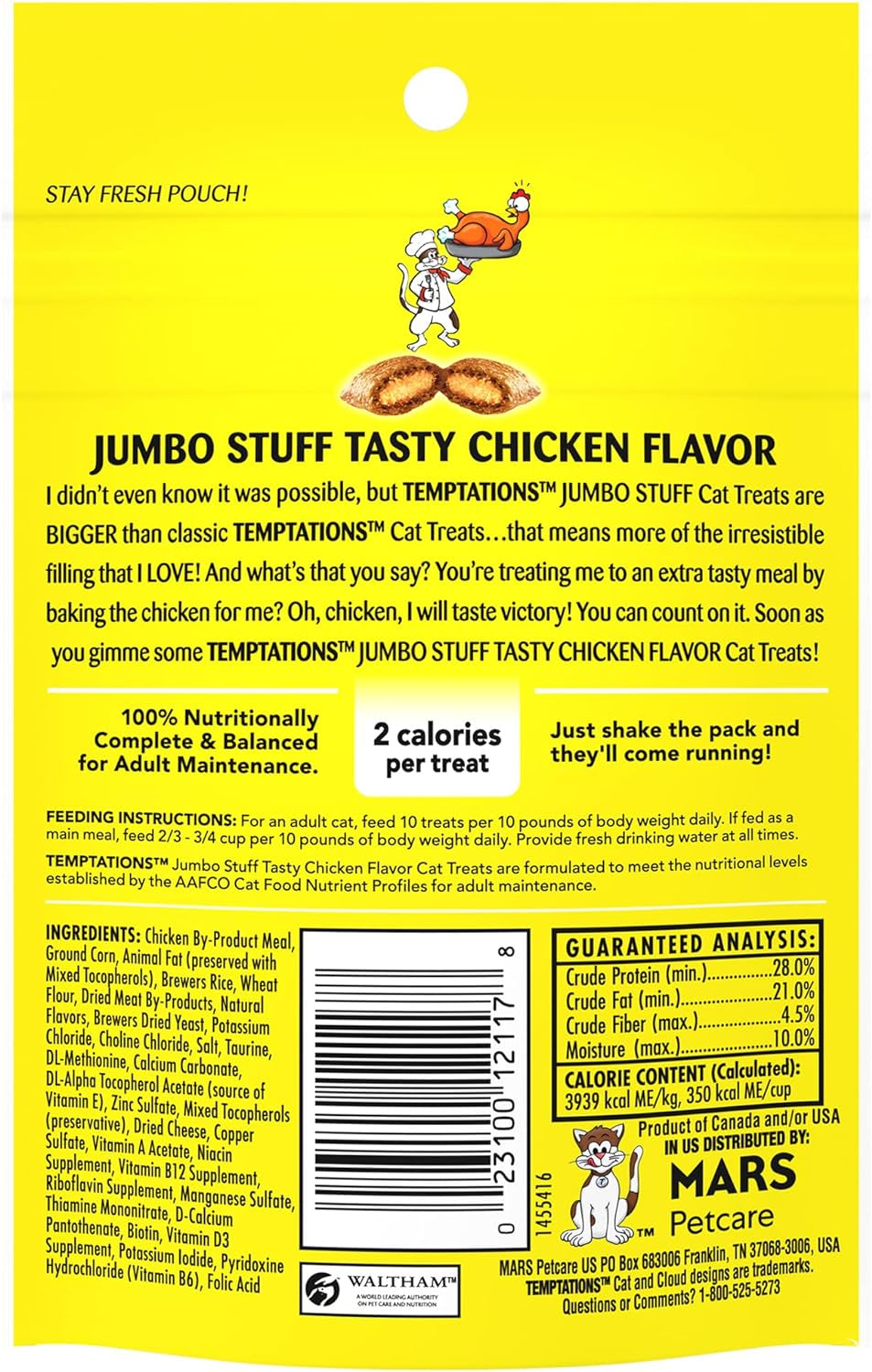 Jumbo Stuff Crunchy and Soft Cat Treats, Tasty Chicken Flavor, 2.5 Oz. Pouch (Pack of 12)
