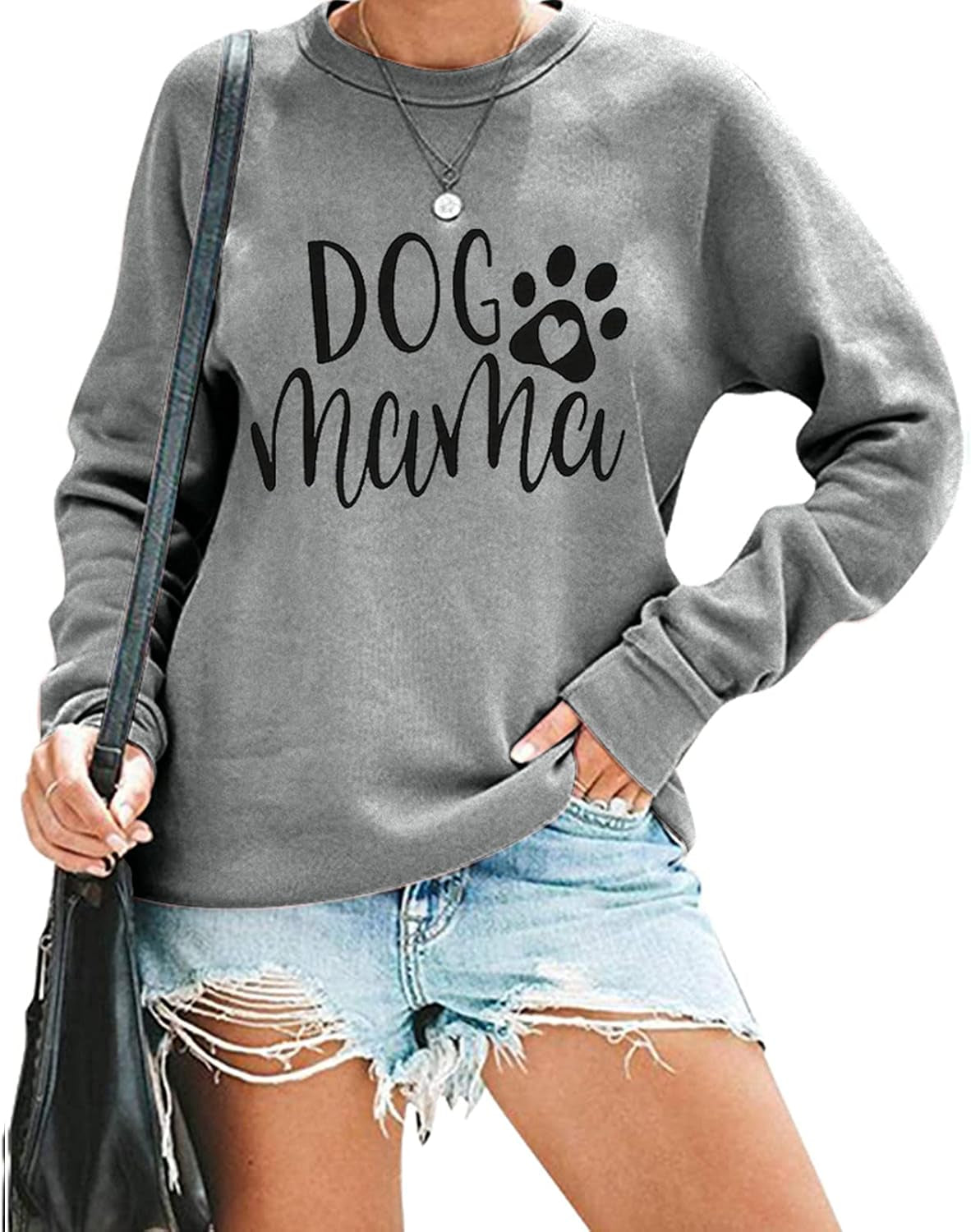 Dog Mom Sweatshirts Women Mama Sweatshirts Dog Paw Sweatshirt Long Sleeve Shirt Funny Mom Letter Print Pullover Blouse Gray