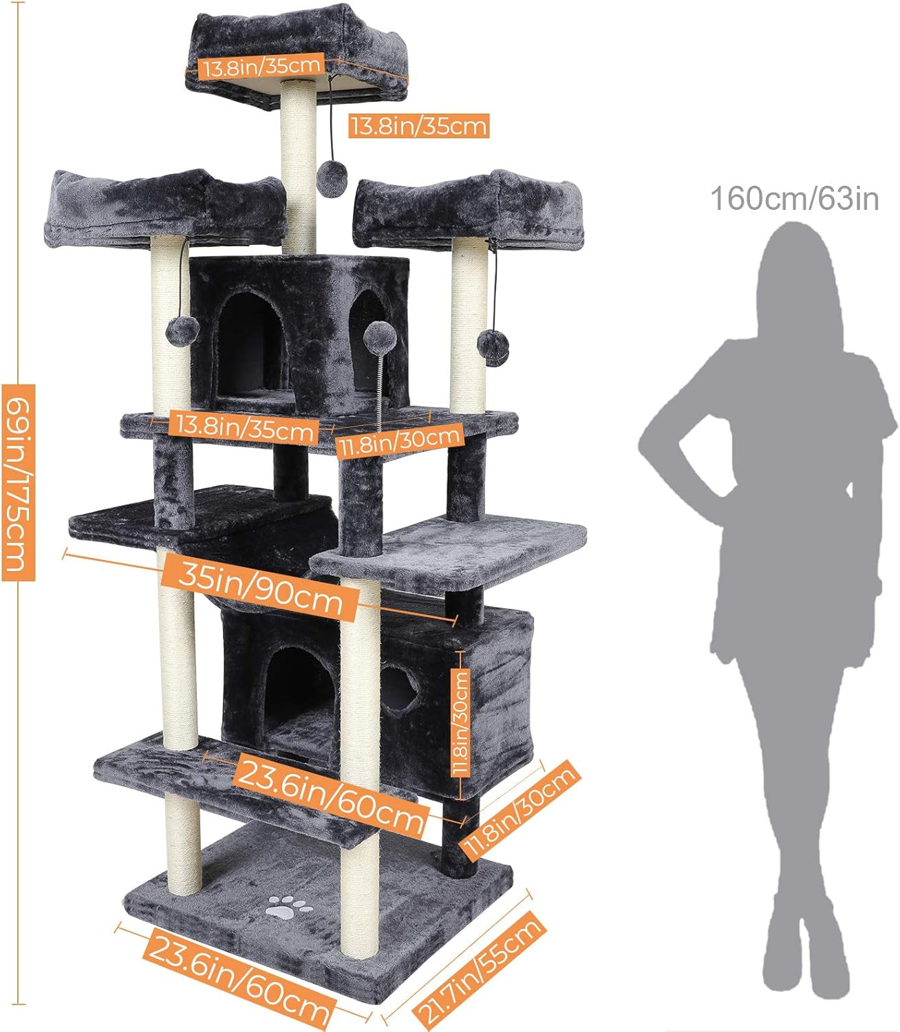 67" Large Cat Tree, Multi-Level Cat Tower with 3 Top Perches, 2 High Plush Condos, Scratching Posts, Stable Activity Center with Pedals/Hammock/Spring Ball for Kitten/Big Cat (Smoke Grey 1)