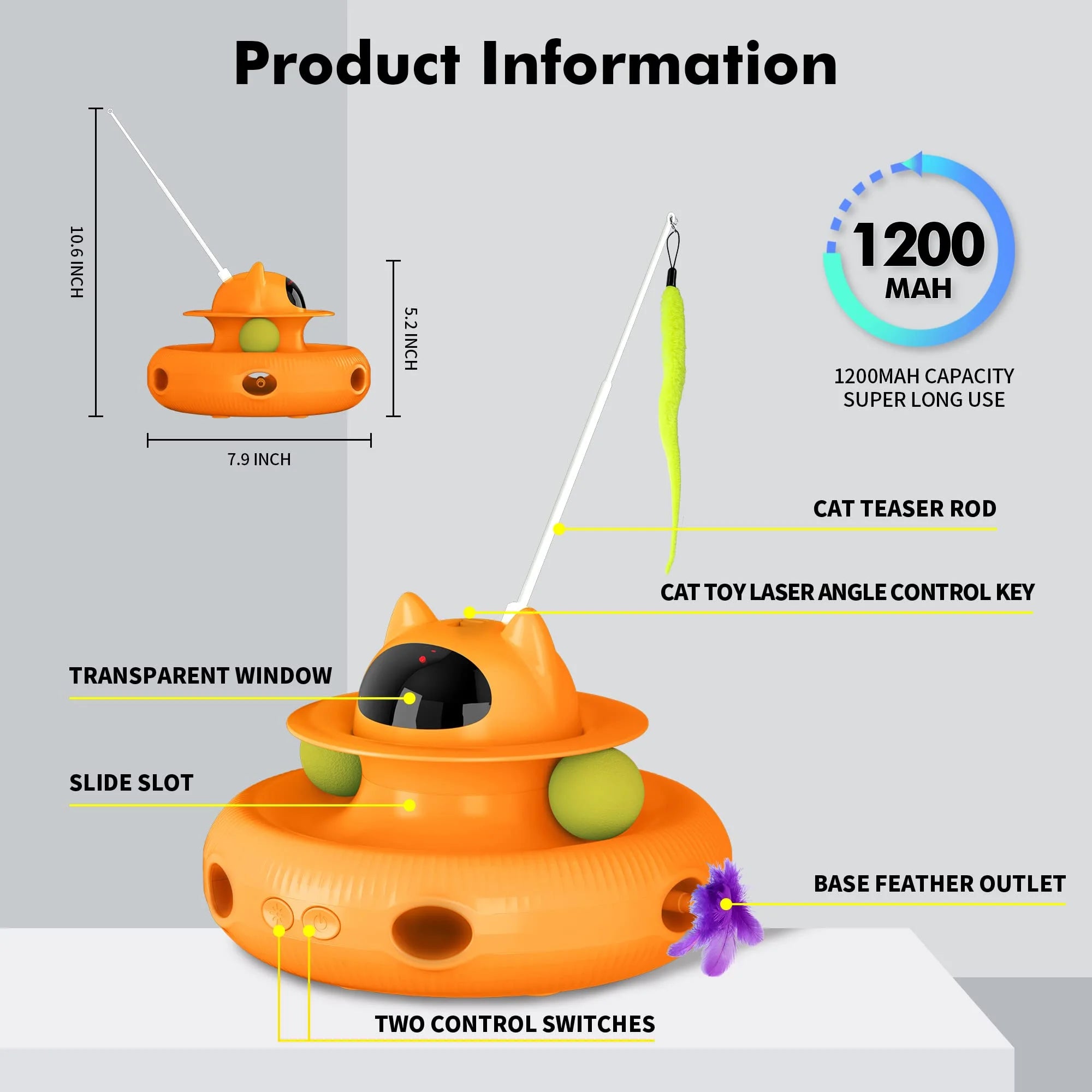 Interactive Cat Toys, Laser Kitten Toy for Indoor Cats, Cat Feather Mice Toys, Pets Smart Electric Cat Toys-Orange