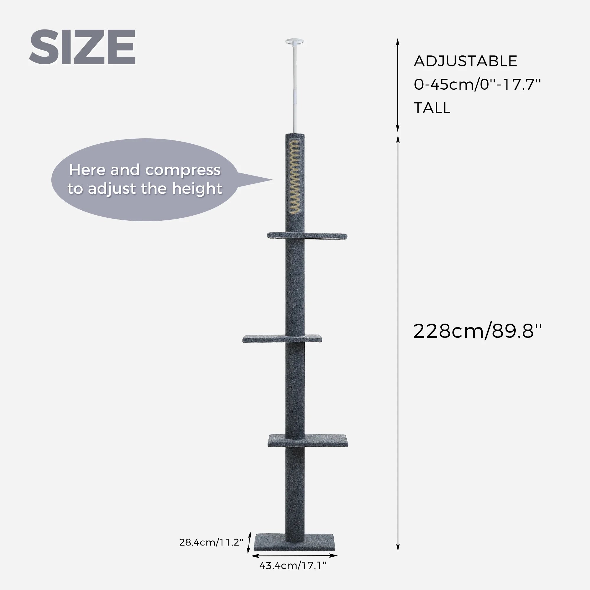90-107" Floor to Ceiling Cat Tree Tower 4 Tier Tall Cat Climbing Posts Adjustable, Gray