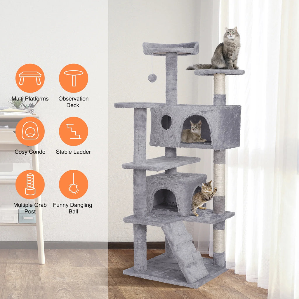 55-In H Cat Tree & Condo Scratching Post Tower, Light Gray