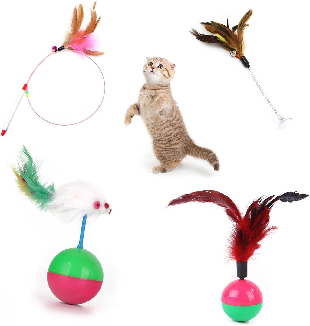 N/B 4Pcs Cat Toys Sisal Ball with Bell, Retractable Teaser Wand Toy, Springs Interactive Feather Toys, Pet Scratching Chew Eco-Friendly Bite Fluffy Mouse (Random Color)