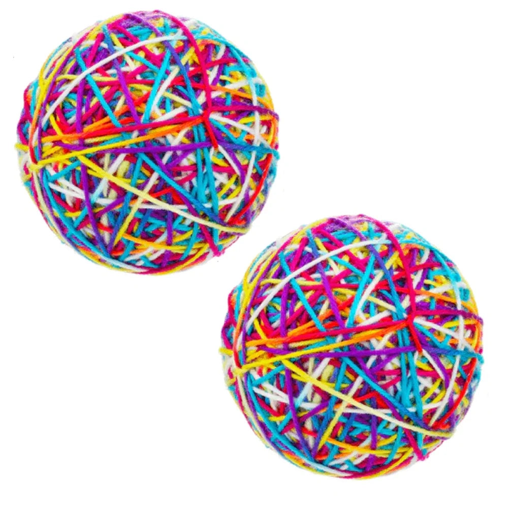 2 Pc Yarn Ball Bells Cat Toys Kitten Puppy Chase round Play Rattle Colorful 4"
