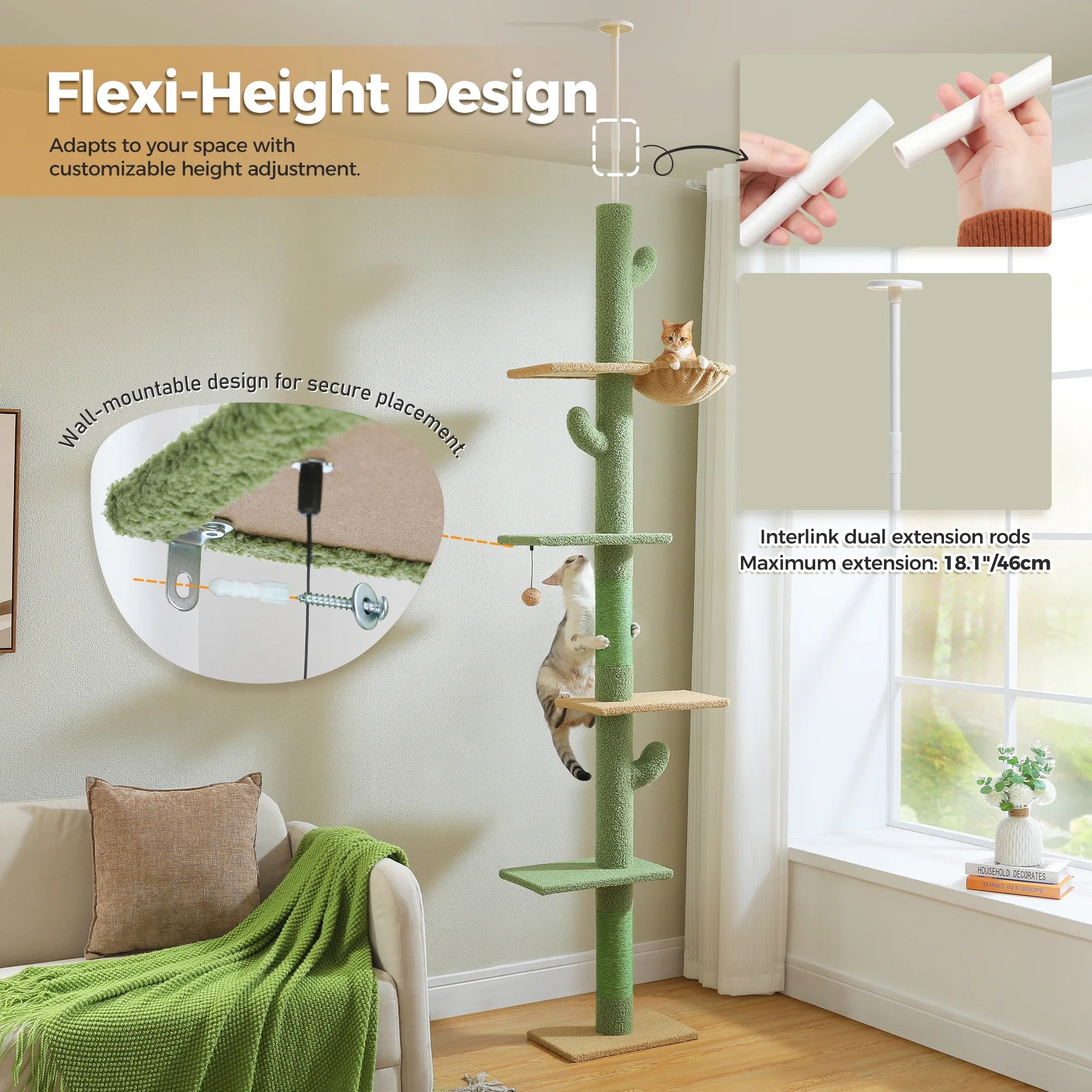 Tall Cat Tree Cactus Floor to Ceiling Cat Tower 95-108" Sisal Scratching Post for Indoor Cats