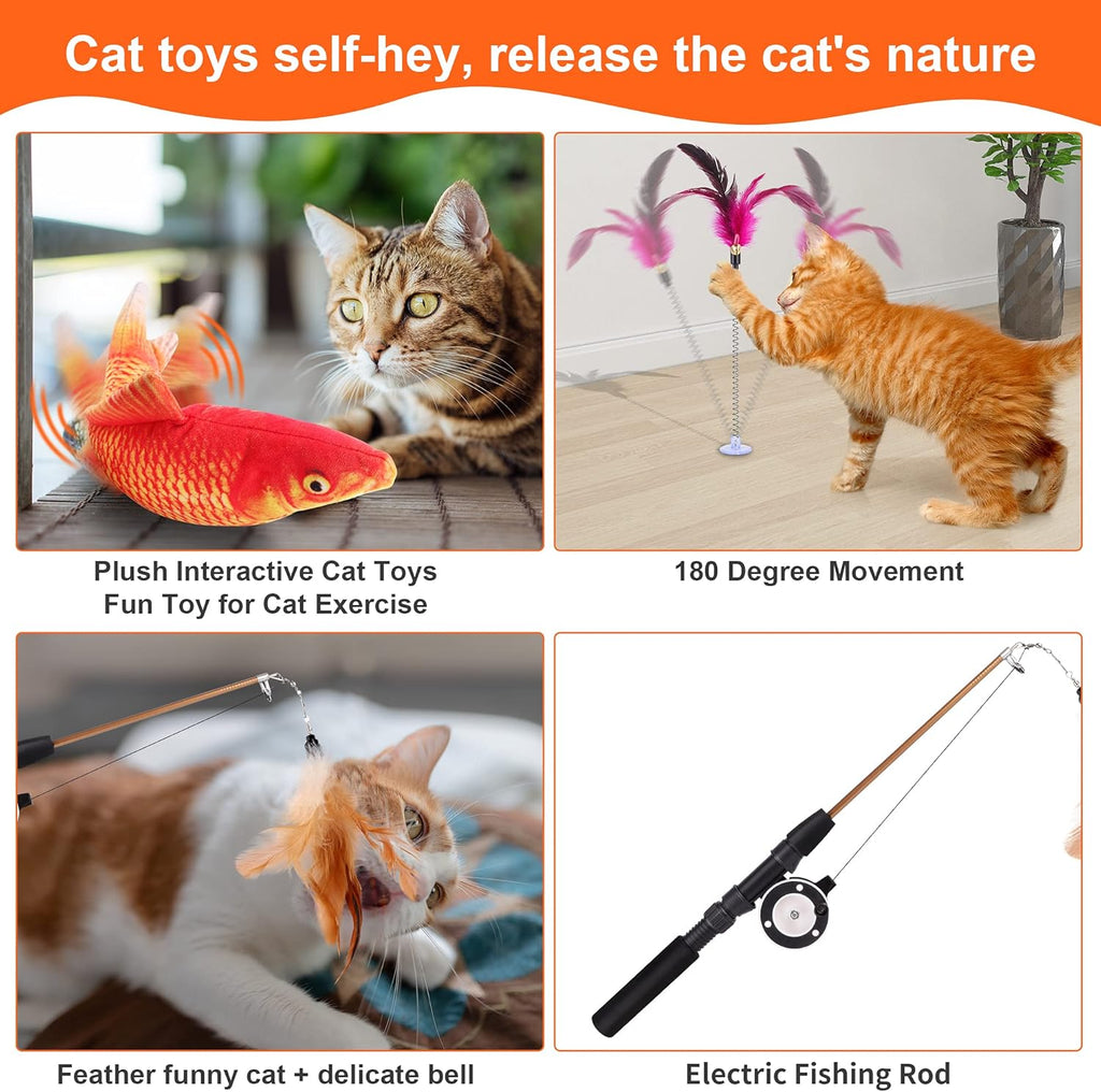 Cat Toy with Moving Fish and Sea Pole (Orange) Realistic Moving Fish Flopping Interactive Wiggle Moving Cat Kicker Fish Toy with Plush Interactive Cat Toys, Fun Toy for Cat Exercise